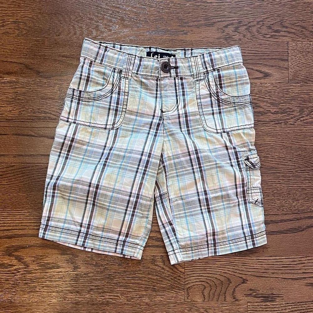 🍟Vintage Y2K LEI Kids Plaid Cargo Shorts Green Brown Skater Surf Size 8